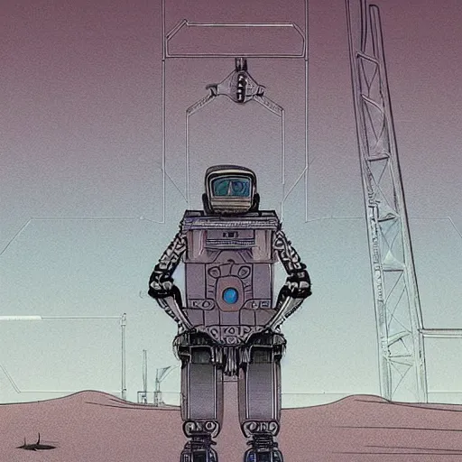 Image similar to robotic a man in desert finding a beautiful crystal, Industrial Scifi, detailed illustration, character portrait, by Martin Grip and Moebius