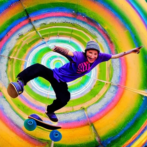 Prompt: fisheye photo of a guy on a skateboard, 9 0 s, vibrant colours on a hill