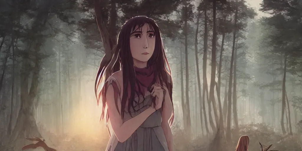 Image similar to portrait of woman, forest background, long brown hair, cloth, princess mononoke, 4 k, greg rutkowski, high detail, dramatic lighting, sunset, hayao miyazaki, masashi ando, nizou yamamoto, kazuo oga, joe hisaishi, yoji takeshige, naoya tanaka