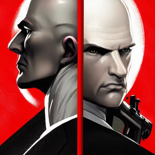 Image similar to a symmetrical portrait of agent 4 7 from hitman holding a rifle, dark background, red rim light, highly detailed, digital art, artstation, concept art, smooth, sharp focus, greg rutkowski, wlop