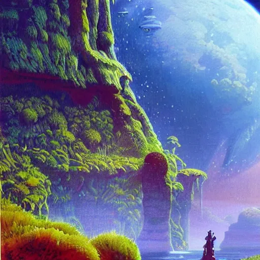 Prompt: beautiful illustration of a lush natural scene on an alien planet by paul lehr. science fiction. extremely detailed. beautiful landscape. weird vegetation. cliffs and water.
