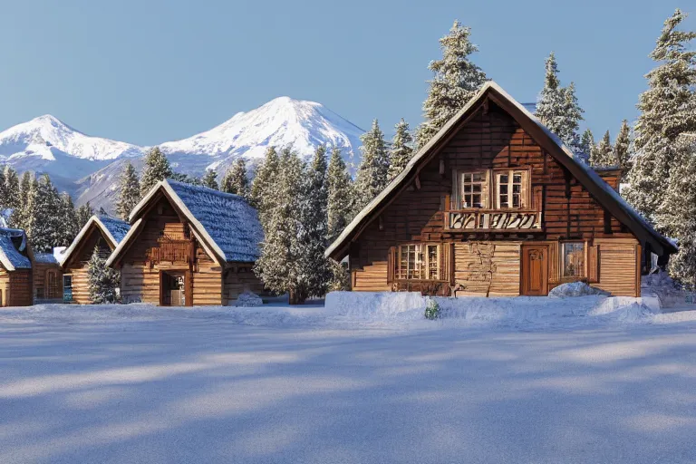 Prompt: modern half-timbered houses with in the forest with Elbrus mountain covered by snow on the background, architecture, 3d render 8k , high details