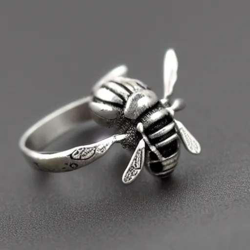 Image similar to a bee - patterned silver stone ring, realistic, high detailed, light colors