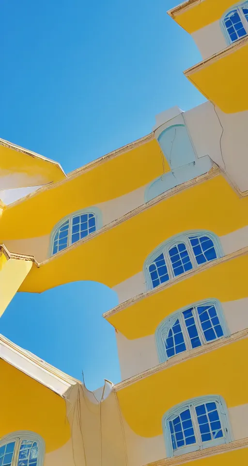Image similar to pastel yellow turkish architecture in front of a light blue clear sky, beautiful, minimalistic, aesthetic, two tone, adult swim style