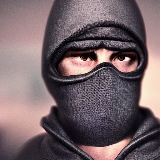 Image similar to criminal wearing a balaclava holding an automatic weapon, cinematic, hyperrealism, octane rendering, 8 k, depth of field, bokeh, iridescent accents