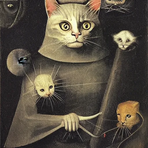 Prompt: stunning portrait of the cat of cheshire by hieronymus bosch