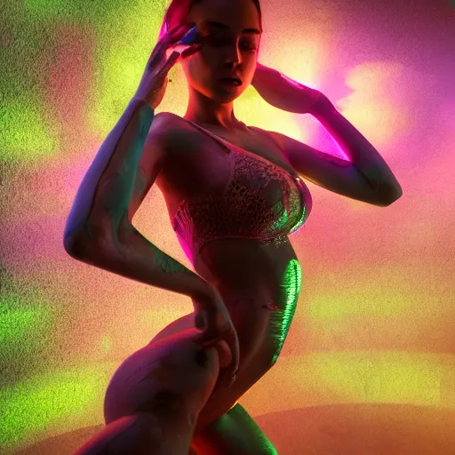 Image similar to full body pose, hyperrealistic photograph of a beautiful rave girl, body paint, dim volumetric lighting, 8 k, octane beautifully detailed render, extremely hyper detailed, intricate, epic composition, cinematic lighting, masterpiece, trending on artstation, very very detailed, stunning, hdr, smooth, sharp focus, high resolution, award, winning photo, dslr, 5 0 mm