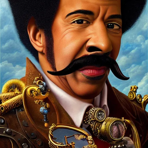 Prompt: Lionel Richie with mustache, Realistic, Regal, Refined, Detailed Digital Art, Michael Cheval, Walt Disney (1937), François Boucher, Oil Painting, Steampunk, Highly Detailed, Cinematic Lighting, Unreal Engine, 8k