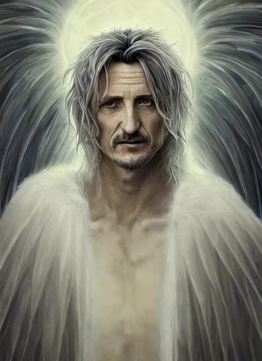 Image similar to Portrait of Sean Penn, white glowing eyes, silver shaggy hair, cloak, ethereal wings, male, fantasy, extremely detailed, digital painting, artstation, concept art, smooth, sharp focus, illustration, stunning lighting, art by artgerm and greg rutkowski and alphonse mucha and simon stalenhag, realistic character concept, high fantasy, light atmosphere, golden ratio, cinematic lighting, hyperdetailed, high resolution, insanely detailed and intricate, artstation, Marc Simonetti, Greg Rutkowski, 8k