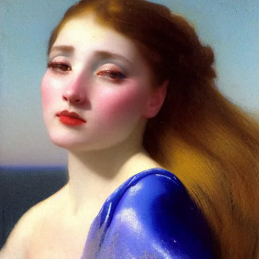 Image similar to a young woman's face, her hair is chrome and she wears an cobalt blue satin cloak, by ivan aivazovsky and syd mead and moebius and gaston bussiere and roger dean and pieter claesz and paul delaroche and alma tadema and aelbert cuyp and willem claesz, hyperrealistic, volumetric light, octane render