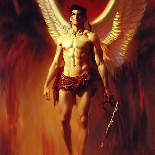 Prompt: attractive male lucifer morning star casting a spell summoning male demons, they rise from down bellow. highly detailed painting by gaston bussiere, craig mullins, j. c. leyendecker, 8 k