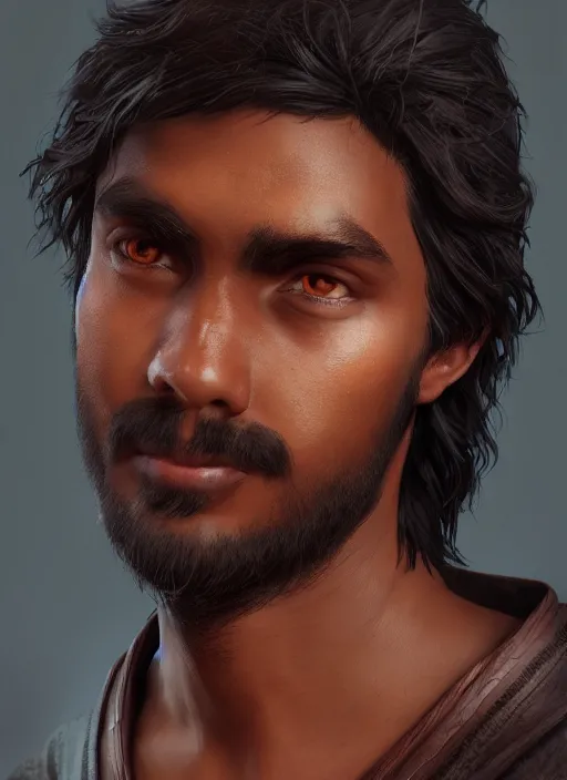 Prompt: An epic fantasy comic book style portrait painting of a dark skinned long haired boy peasant with intelligent eyes, unreal 5, DAZ, hyperrealistic, octane render, cosplay, RPG portrait, dynamic lighting