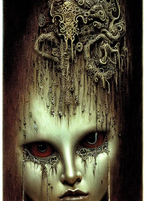 Prompt: girl in detailed ornamental mask by Beksinski and Luis Royo