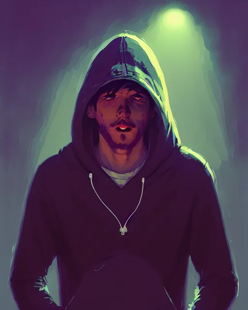 Image similar to music festival, hyper - realistic portrait of a man in a hoodie with detailed background, intricate, 4 k, by atey ghailan, by greg rutkowski, by greg tocchini, by james gilleard, by joe fenton, by kaethe butcher, dynamic lighting, lighting color scheme, sharp focus, grunge aesthetic