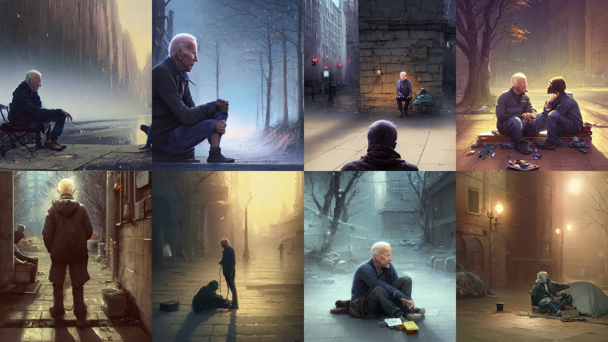 Image similar to highly detailed portrait of joe biden as a homeless, conversing with himself, stephen bliss, unreal engine, fantasy art by greg rutkowski, loish, rhads, ferdinand knab, makoto shinkai and lois van baarle, ilya kuvshinov, rossdraws, tom bagshaw, global illumination, radiant light, detailed and intricate environment