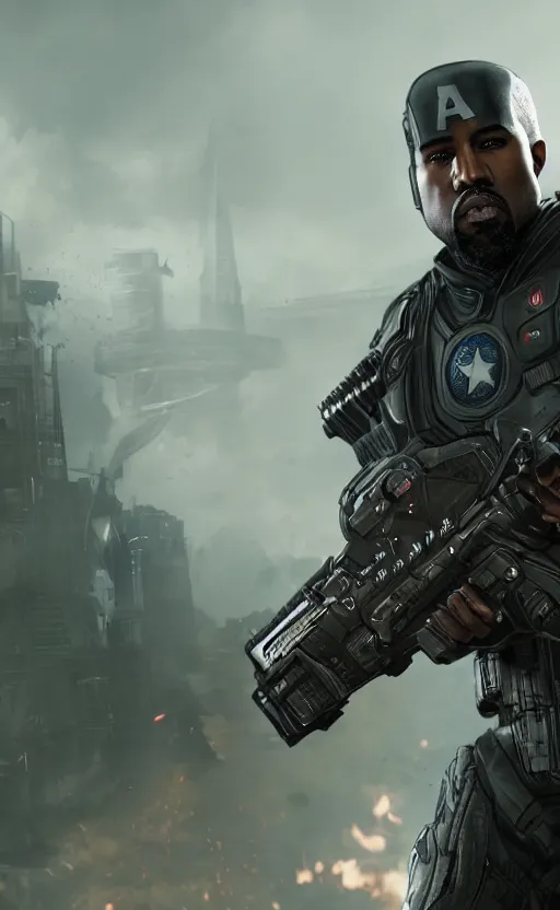 Image similar to Portrait of Kanye West as captain america in Gears of War, splash art, movie still, cinematic lighting, dramatic, octane render, long lens, shallow depth of field, bokeh, anamorphic lens flare, 8k, hyper detailed, 35mm film grain