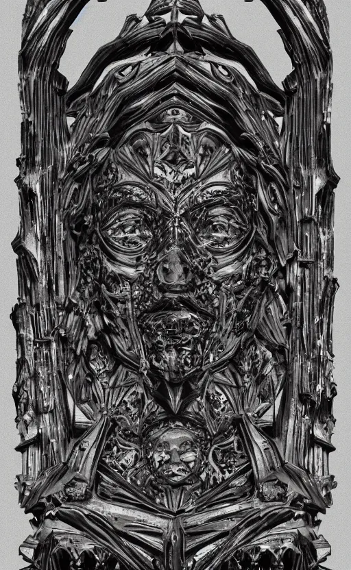 Image similar to a face made of black cast iron on a black background. gothic baroque. low poly. symmetry. epic. ominous shapes. hyper detailed.