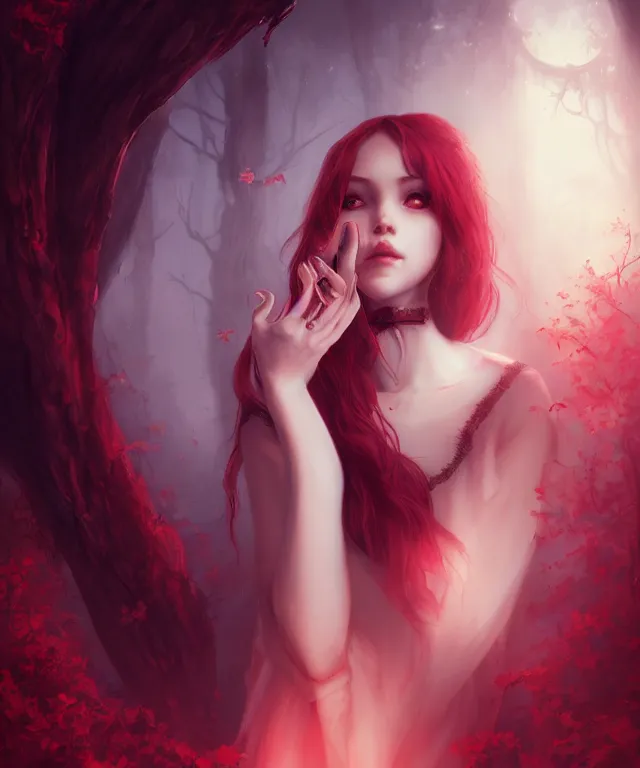 Prompt: cute friendly vampire by charlie bowater and titian and artgerm, full - body portrait, intricate, face, forest, elegant, red mist, beautiful, highly detailed, dramatic lighting, sharp focus, trending on artstation, artstationhd, artstationhq, unreal engine, 4 k, 8 k