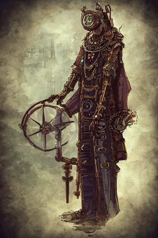 Image similar to beautiful calm bright ai generated fullbody character illustration of a very old timetraveller highpriest in ornated wooden armor and decorated sacred outfit and heavily equipped with steampunk cyberwares. rendered by machine.delusions. inspired by: @machine.delusions on instagram. Slightly reminds to ghibli studio style. Fullbody portrait uncut centered cinematic, dramatic pose medieval combined with steampunk