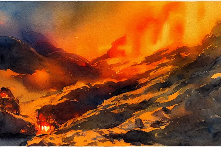 Prompt: small centered on watercolor paper, paint brush strokes, abstract watercolor painting of iron forge, glowing hot metal, molten orange lava, midday sharp light, dust, cinematic light, american romanticism by hans dahl, by jesper ejsing, by anders zorn, by greg rutkowski, by greg manchess, by tyler edlin