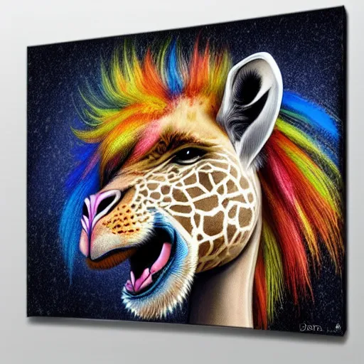 Image similar to cute fluffy giraffe with long colorful flowing lion mane with mohawk hairstyle hybrid animal detailed painting 4 k