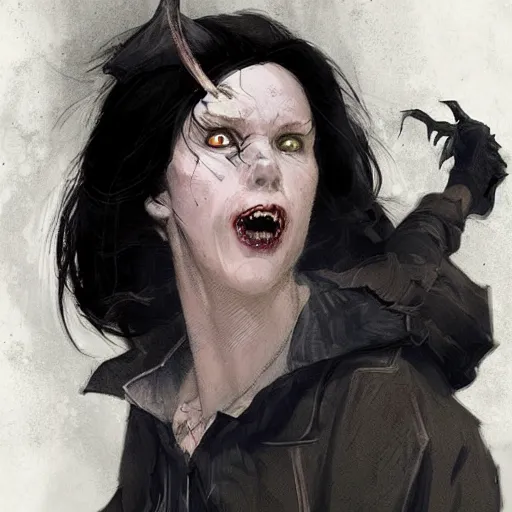 Prompt: american comedian doug stanhope as a vampire witch in the style of greg rutkowski, makoto shinkai, trending on artstation, character design, concept art, similar face, highly detailed, long black hair, portrait, digital art