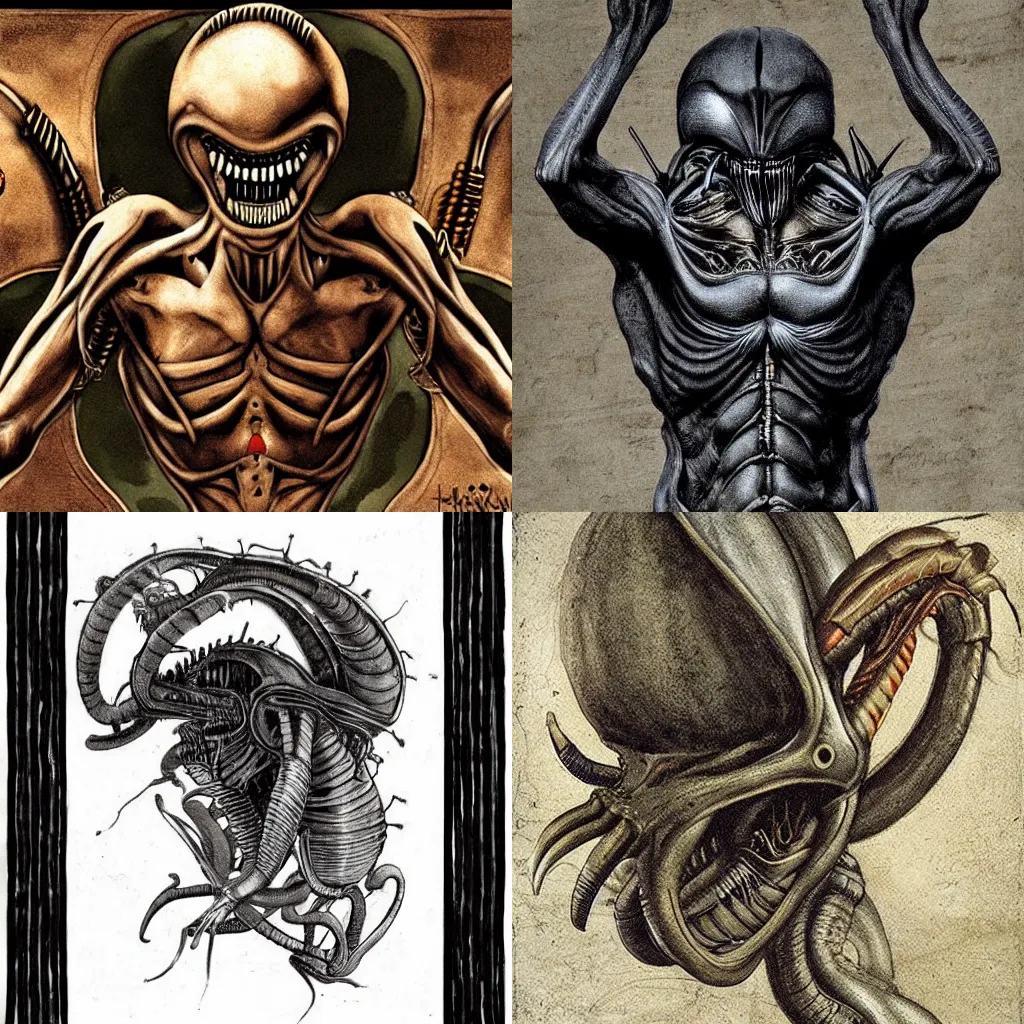 Prompt: a xenomorph designed by leonardo da vinci