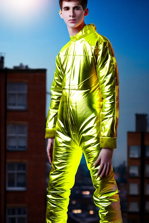Prompt: un ultra high definition studio quality photographic art portrait of a young man standing on the rooftop of a british apartment building wearing opaque soft inflatable padded iridescent refractive clothing. three point light. extremely detailed. golden ratio, ray tracing, volumetric light, shallow depth of field. set dressed.