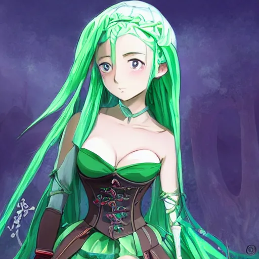 Prompt: medieval anime girl with green braids wearing a corset, anime style, fantasy art, gorgeous face, by makoto shinkai, by wenjun lin, digital drawing
