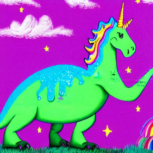 Prompt: a t-rex disguised as a unicorn. glittery rainbow pastel pastiche with a horn. jurassic park