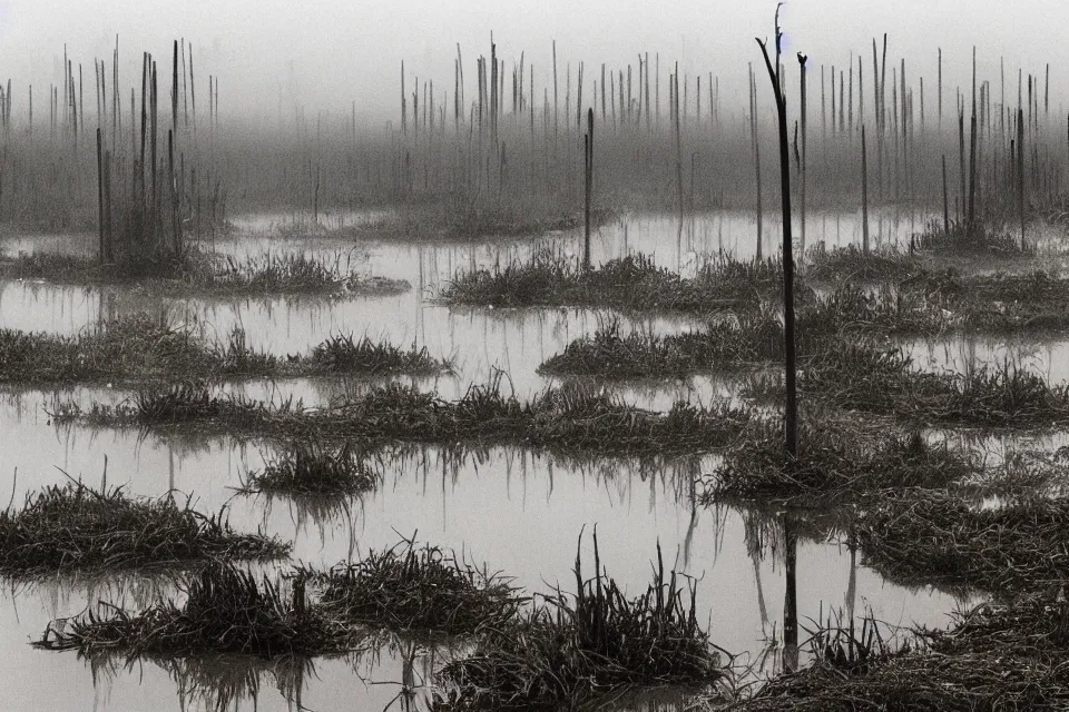 Image similar to A swamp with many natural stone spikes rising from the water. A concrete and steel structure is impaled by taller spikes in the distance shrouded by fog