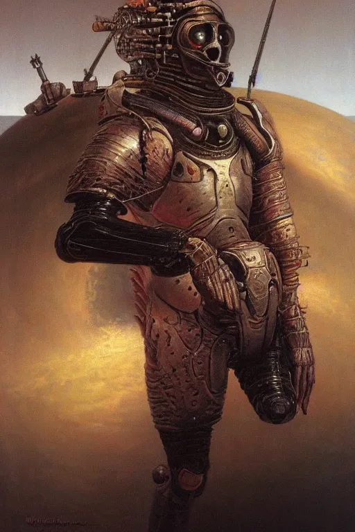 Prompt: beautiful clean oil painting of alienic warrior being on space motorbike by wayne barlowe, rembrandt, complex, stunning, realistic, skin color