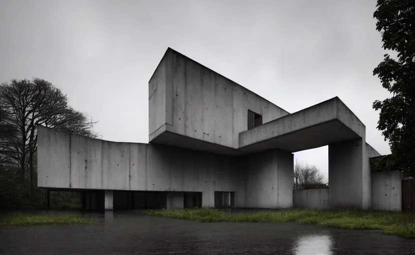 Image similar to a wide angle exterior shot of a brutalist architecture house with rainy and moody cinematic lighting by darek zabrocki and greg ruthkowski, alphonse mucha, simon stalenhag and cinematic and blue cold atmospheric, architectural visualization, archiviz, archdaily, deezen, design milk, archillect concept art, artstation, trending on artstation