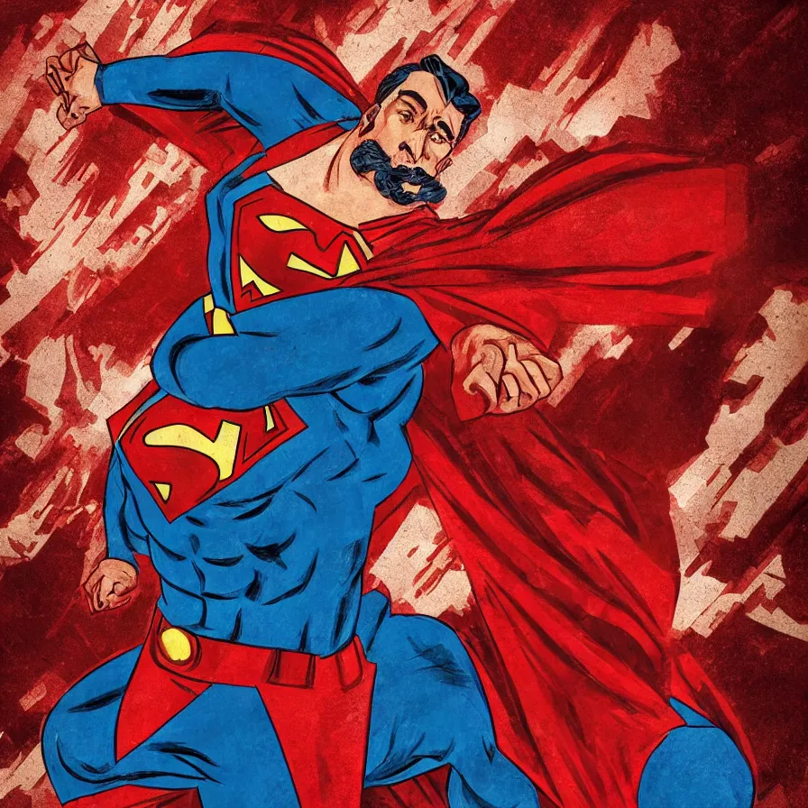 Image similar to stalin as superman, red son, socialist realism, sovietwave aesthetic, hammer and sickles, groundbreaking, award winning, breathtaking, superb, hyper realistic, detailed picture, intricate digital art, trending artstation, 8 k, unreal 5, octane render, vfx, volumetric lighting, rich moody colors, fan art, concept art