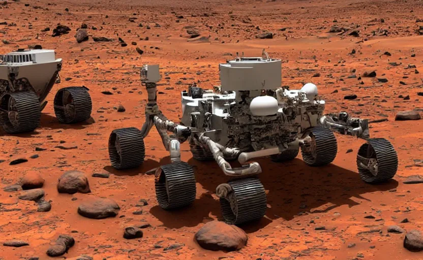 Image similar to on mars, three eyed Martians are hiding behind rocks while a nasa rover rolls around in the style of James Gurney