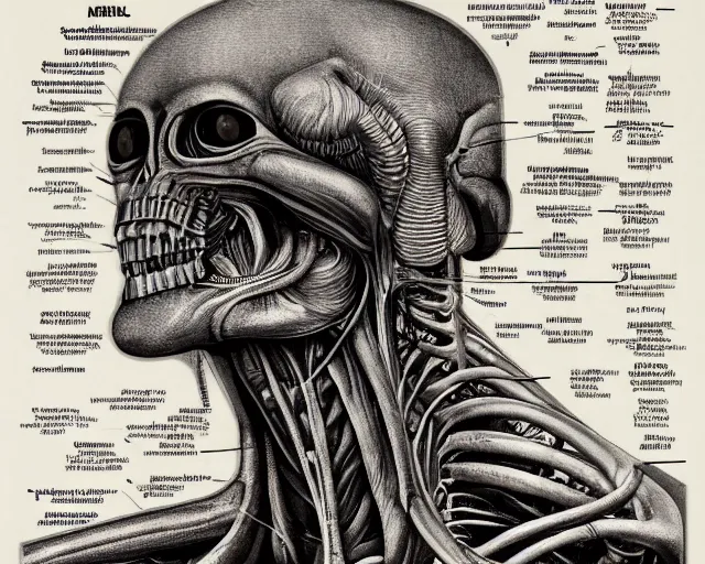 Prompt: highly detailed labeled medical anatomy poster of h. r. giger's alien, photorealistic, hyperrealistic, high resolution