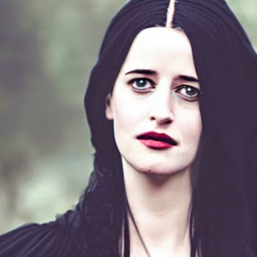 Image similar to portrait of a young eva green as yennefer from the witcher wearing black robes