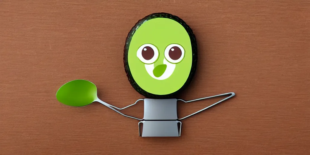 Prompt: cute smiling avocado robot with cute eyes and forks instead of arms, logo style