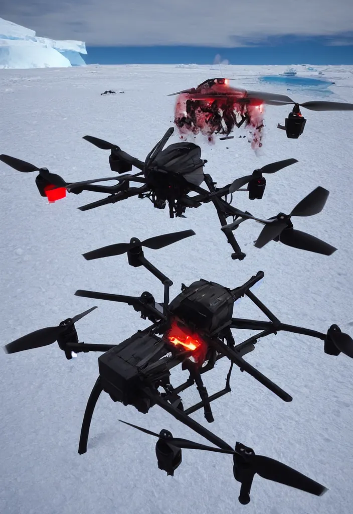 Image similar to exploding drone being hit by a men saving his wife from being crush by the drone, antartica background : : 2 intense, movie action scene, detailed, coherent