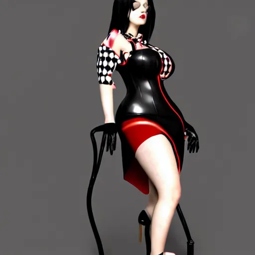 Prompt: curvy feminine hot goth cutie with sublime elegant red-black-gold leather dress, checkered pattern, leather stockings, cgsociety, photorealistic, comfy ambience, idealistic, 16k, smooth, sharp focus, trending on ArtStation, volumetric lighting, fully clothed, worksafe