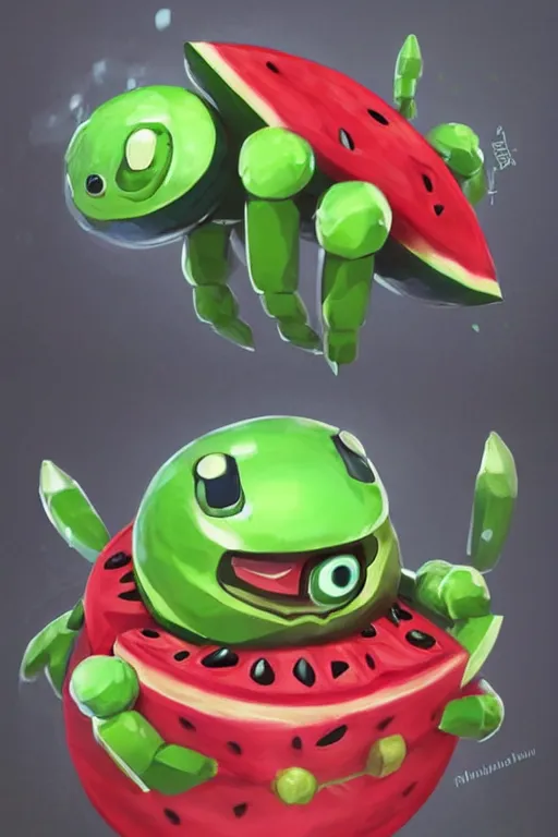 Image similar to cute anthropomorphic watermelon Tachikoma, Tachikoma made of watermelon, tiny, small, miniature Tachikoma, baby watermelon Robot, short, pale blue armor, cute and adorable, pretty, beautiful, DnD character art portrait, matte fantasy painting, cgsociety Artstation, by Jason Felix by Steve Argyle by Tyler Jacobson by Peter Mohrbacher, cinematic lighting