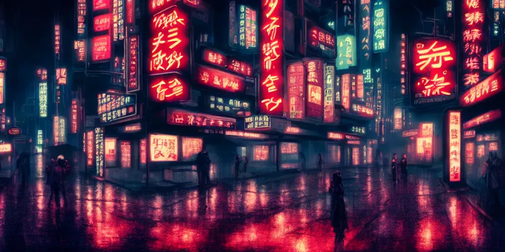 Prompt: Noir Cyberpunk Tokyo with neon signs in Japanese, raining, dark, gloomy atmosphere. Symbolism, Detailed Art, 8K, Epic, Dynamic Light.