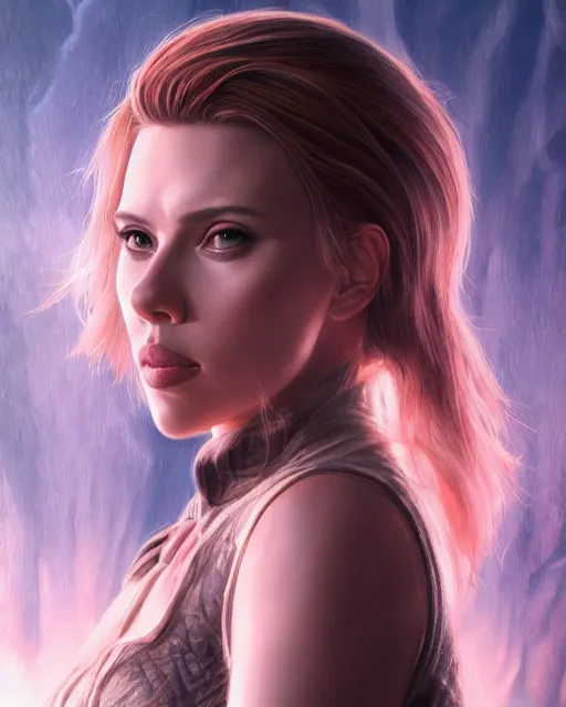 Prompt: scarlett johansson, portrait, fantasy art, in the style of artgerm, illustration, epic, fantasy, intricate, hyper detailed, artstation, concept art, smooth, sharp focus, ray tracing, vibrant, photorealistic, simon bisley, fabry glenn