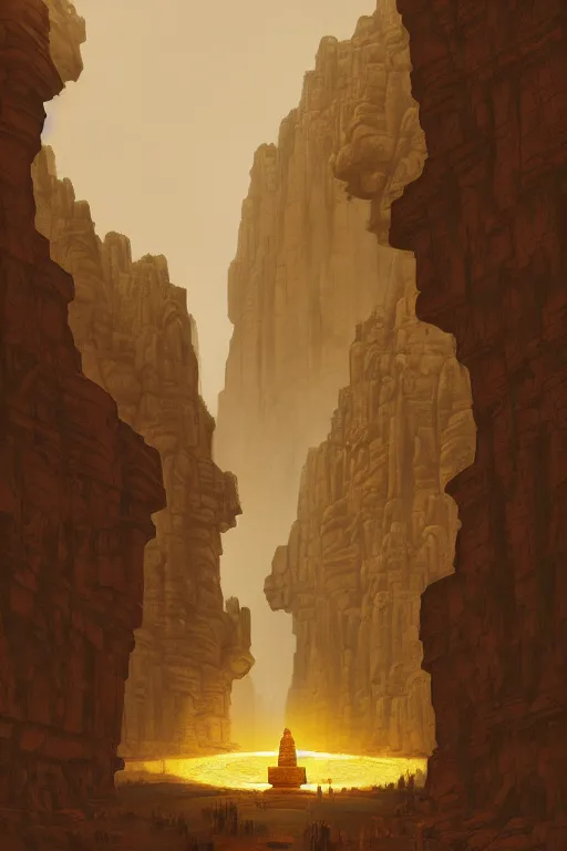 Image similar to ancient temple carved into canyon walls, monks standing around golden statue glowing yellow, light streaks in the sky, eclipse, dramatic lighting, artstation, matte painting, ralph mcquarrie, simon stalenhag