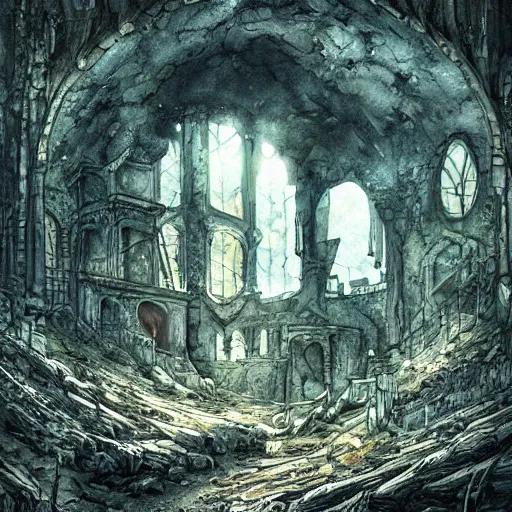 Image similar to abandoned ruined cave city, gothic art, color, detailed, eerie, emotional, sad, highly detailed, sharp focus, motherboard, Artstation, deviantart, artgem, insane detail, watercolor, golden ratio, in the style of Heavy Metal Comics