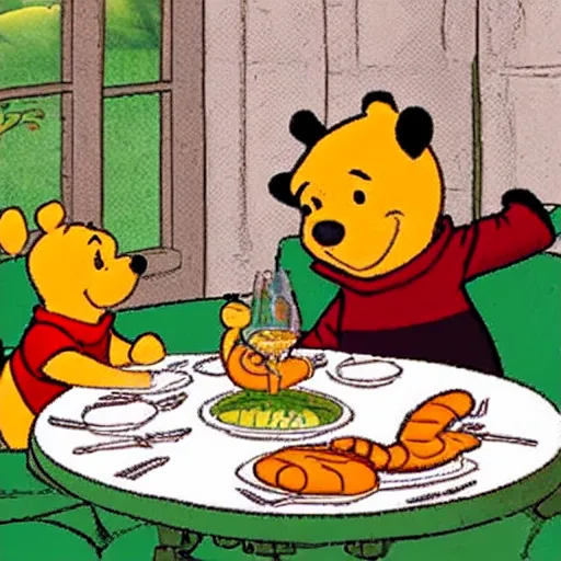 Image similar to Winnie the Pooh invites Tiger and Piglet to dine in a very fancy restaurant.