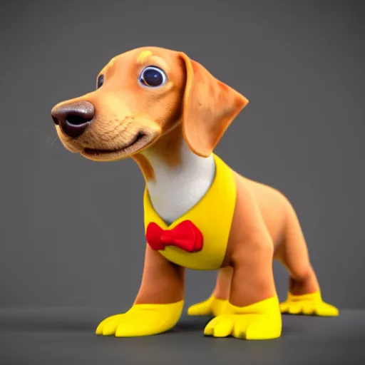 Prompt: cute daschund puppy wearing hot dog costume 4k 3d pixar render on white background