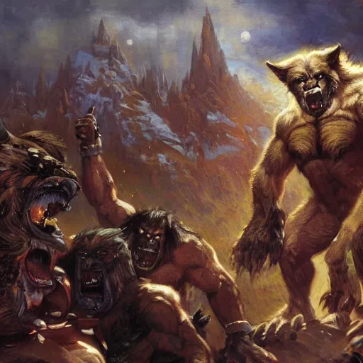 Prompt: a huge 6 - meter werewolf fights an army of orcs, close - up, painting by gaston bussiere, craig mullins, j. c. leyendecker, 4 k, 8 k, trending on artstation, artstationhd, artstationhq, highest detail