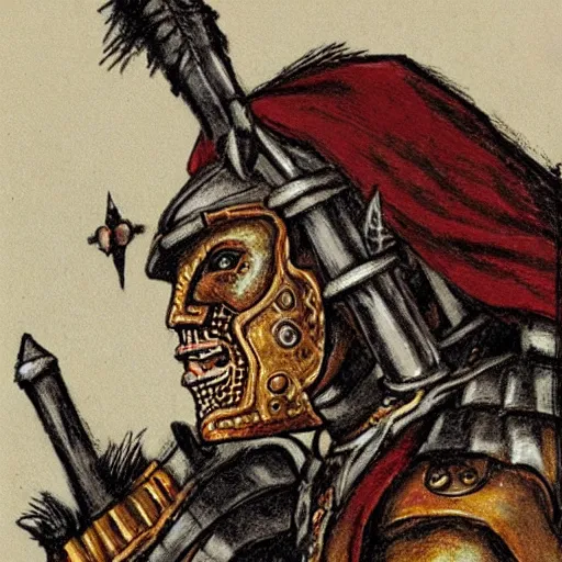 Image similar to a kislev warrior who is wearing iron gauntlets in the shape of bear claws in the style of warhammer fantasy : : head and shoulders drawing