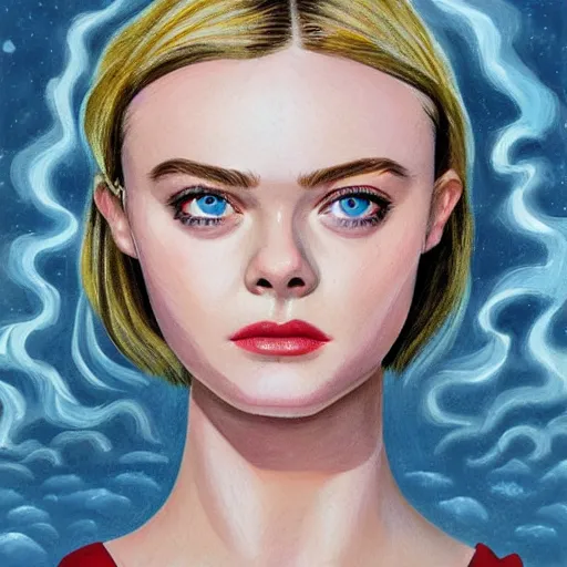 Prompt: professional painting of Elle Fanning in the style of Alan Davis, head and shoulders portrait, symmetrical facial features, smooth, sharp focus, illustration, intricate, stormy weather, extremely detailed masterpiece,